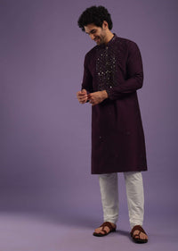 Wine Purple Kurta Set In Art Silk With Mirror Embroidery