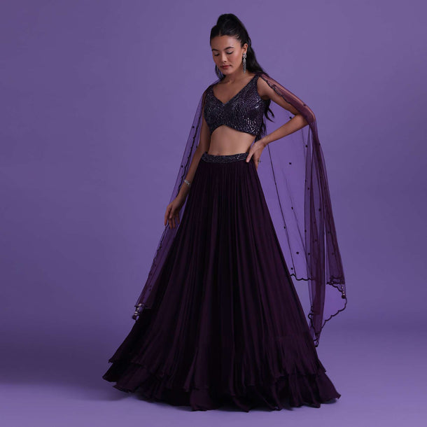 Wine Purple Lehenga And Blouse Set In Chinon With Sequins Work