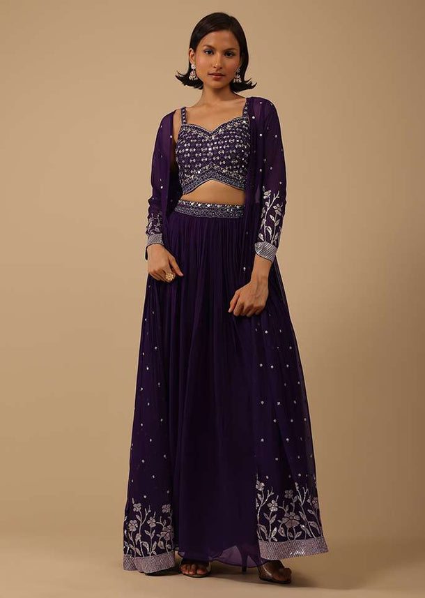 Wine Purple Palazzo Suit In Georgette With Mirror And Sequins Embroidery