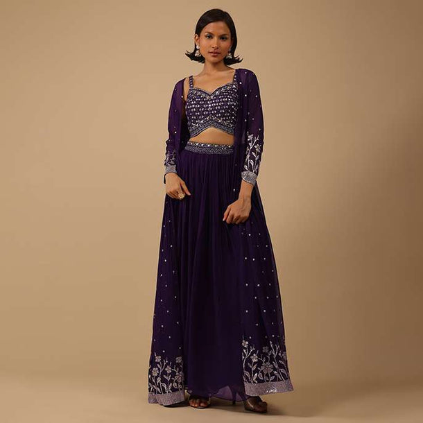 Wine Purple Palazzo Suit In Georgette With Mirror And Sequins Embroidery