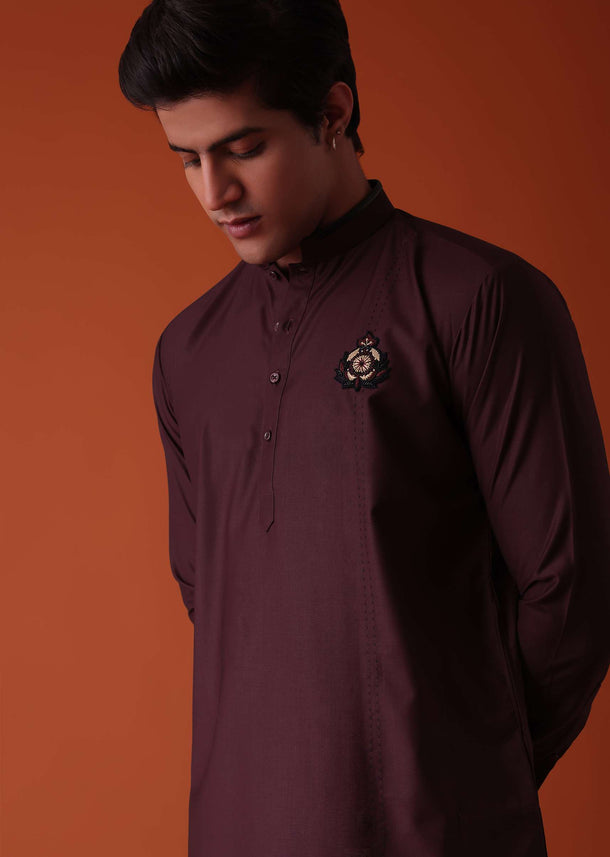 Wine Purple Pathani Kurta Set In Terry Rayon With Threadwork