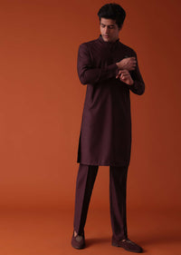 Wine Purple Pathani Kurta Set In Terry Rayon With Threadwork