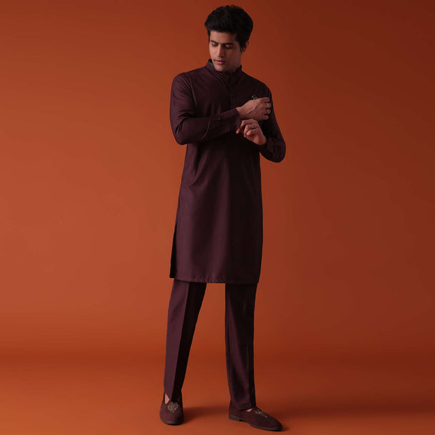 Wine Purple Pathani Kurta Set In Terry Rayon With Threadwork