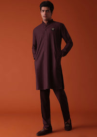 Wine Purple Pathani Kurta Set In Terry Rayon With Threadwork