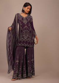 Wine Purple Printed Sharara Suit With Stonework In Crepe
