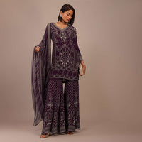 Wine Purple Printed Sharara Suit With Stonework In Crepe