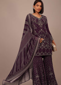 Wine Purple Printed Sharara Suit With Stonework In Crepe
