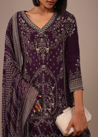 Wine Purple Printed Sharara Suit With Stonework In Crepe