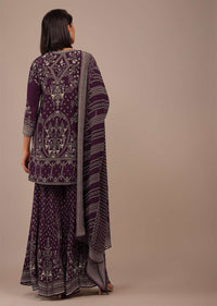 Wine Purple Printed Sharara Suit With Stonework In Crepe