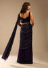 Wine Purple Ready Pleated Saree In Crepe With Striped Sequins Pallu And Matching Velvet Blouse With Bead Tassels