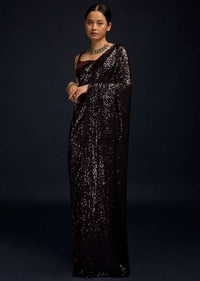 Wine Purple Ready Pleated Saree Embellished In Sequins And Matching Velvet Blouse With Straps On The Shoulder