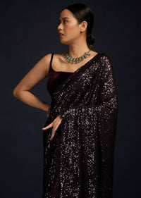 Wine Purple Ready Pleated Saree Embellished In Sequins And Matching Velvet Blouse With Straps On The Shoulder