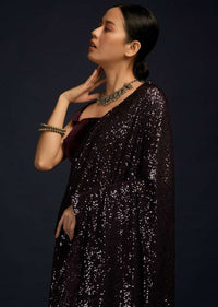 Wine Purple Ready Pleated Saree Embellished In Sequins And Matching Velvet Blouse With Straps On The Shoulder