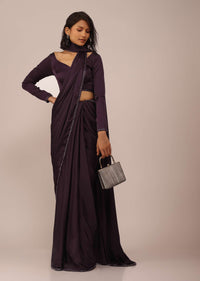 Wine Purple Saree With Cut Dana Lace Border And Blouse Set In Satin