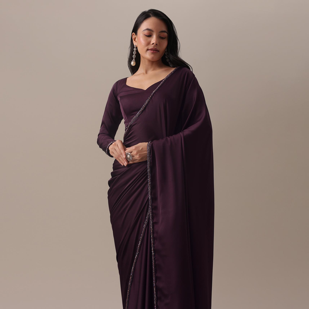 Wine Purple Saree With Cut Dana Lace Border And Blouse Set In Satin