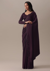 Wine Purple Saree With Cut Dana Lace Border And Blouse Set In Satin