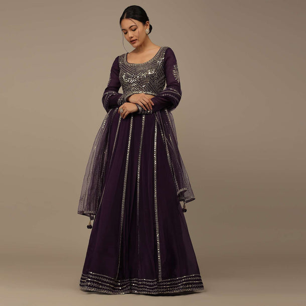 Wine Purple Sequins Embroidered Lehenga Set With Zari And Cut Dana In Chinon