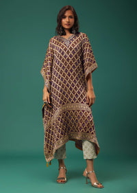 Wine Purple Woven Brocade Kaftan Kurta Pant Set In Chinon