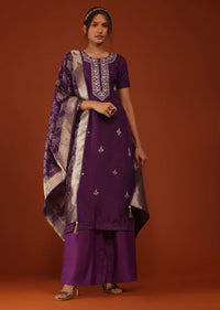 Wine Purple Zari Embroidered Kurti And Palazzo Set In Chanderi Silk