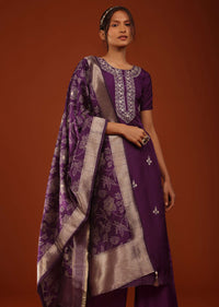 Wine Purple Zari Embroidered Kurti And Palazzo Set In Chanderi Silk