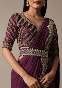 Wine Ready Pleated Saree With Embellished Blouse