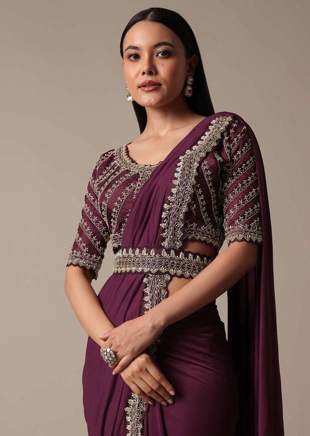 Wine Ready Pleated Saree With Embellished Blouse