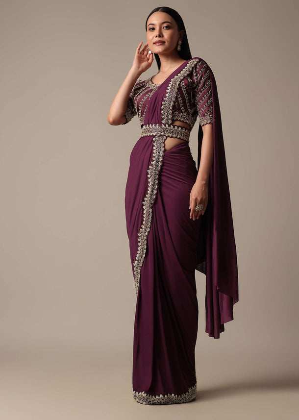 Wine Ready Pleated Saree With Embellished Blouse
