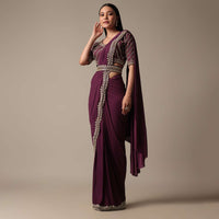 Wine Ready Pleated Saree With Embellished Blouse