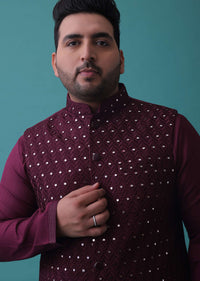 Wine Red Embroidered Nehru Jacket Set In Raw Silk With Aligarh Pants