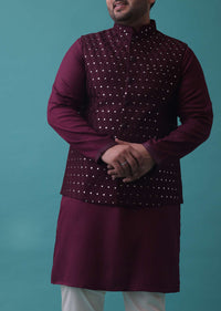 Wine Red Embroidered Nehru Jacket Set In Raw Silk With Aligarh Pants