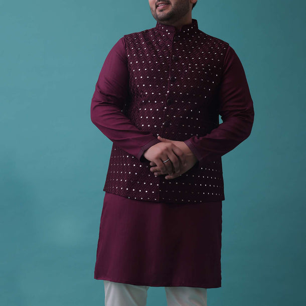 Wine Red Embroidered Nehru Jacket Set In Raw Silk With Aligarh Pants