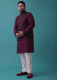 Wine Red Embroidered Nehru Jacket Set In Raw Silk With Aligarh Pants