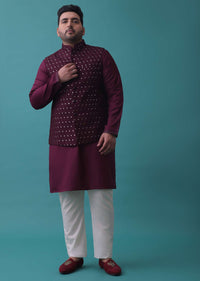 Wine Red Embroidered Nehru Jacket Set In Raw Silk With Aligarh Pants