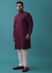 Wine Red Embroidered Nehru Jacket Set In Raw Silk With Aligarh Pants