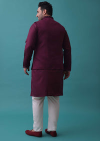 Wine Red Embroidered Nehru Jacket Set In Raw Silk With Aligarh Pants