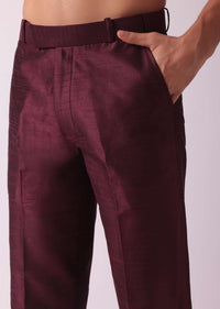 Wine Red Embroidered Indowestern In Dupion Silk