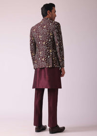 Wine Red Embroidered Indowestern In Dupion Silk