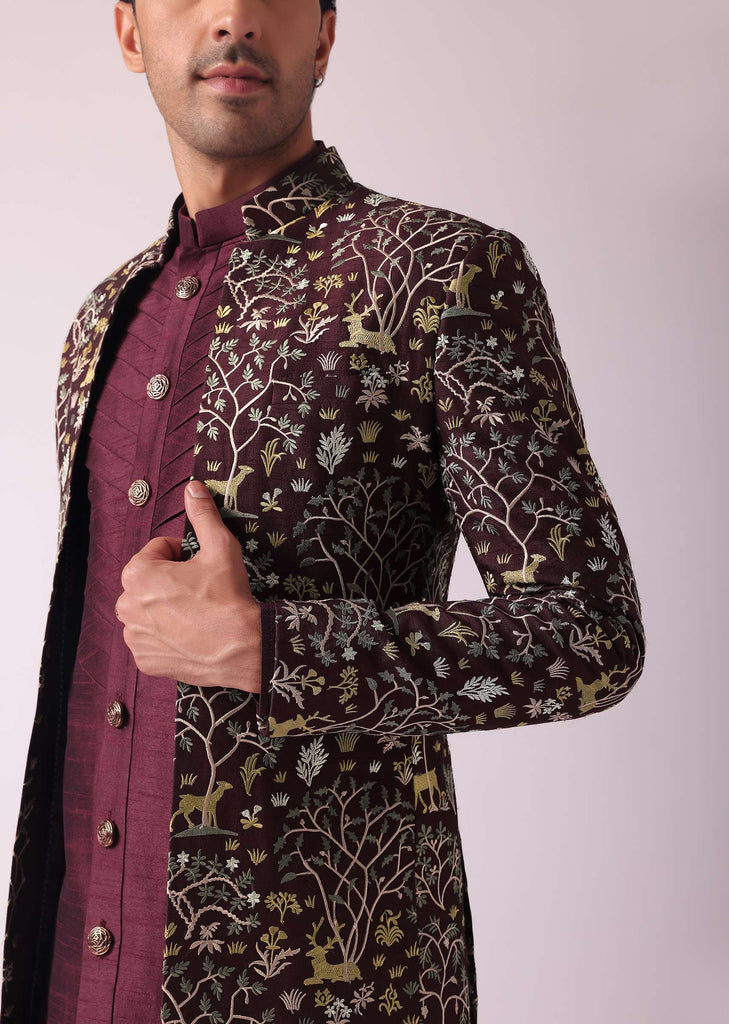 Wine Red Embroidered Indowestern In Dupion Silk