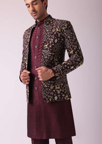 Wine Red Embroidered Indowestern In Dupion Silk