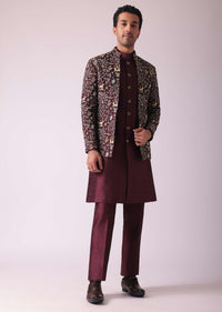 Wine Red Embroidered Indowestern In Dupion Silk