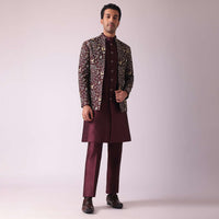 Wine Red Embroidered Indowestern In Dupion Silk