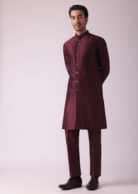 Wine Red Embroidered Indowestern In Dupion Silk