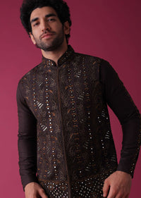 Wine Red Jacket Kurta Set In Silk With Heavy Threadwork And Abla