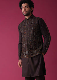 Wine Red Jacket Kurta Set In Silk With Heavy Threadwork And Abla