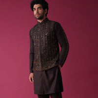 Wine Red Jacket Kurta Set In Silk With Heavy Threadwork And Abla