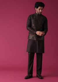 Wine Red Jacket Kurta Set In Silk With Heavy Threadwork And Abla