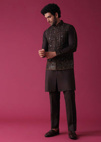 Wine Red Jacket Kurta Set In Silk With Heavy Threadwork And Abla