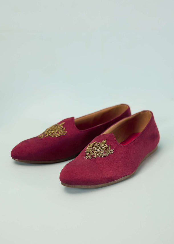 Valentine Red Juttis For Men In Suede With Embroidery