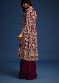 Wine Resham Work Crop Top Set With Embroidered Jacket