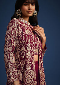 Wine Resham Work Crop Top Set With Embroidered Jacket
